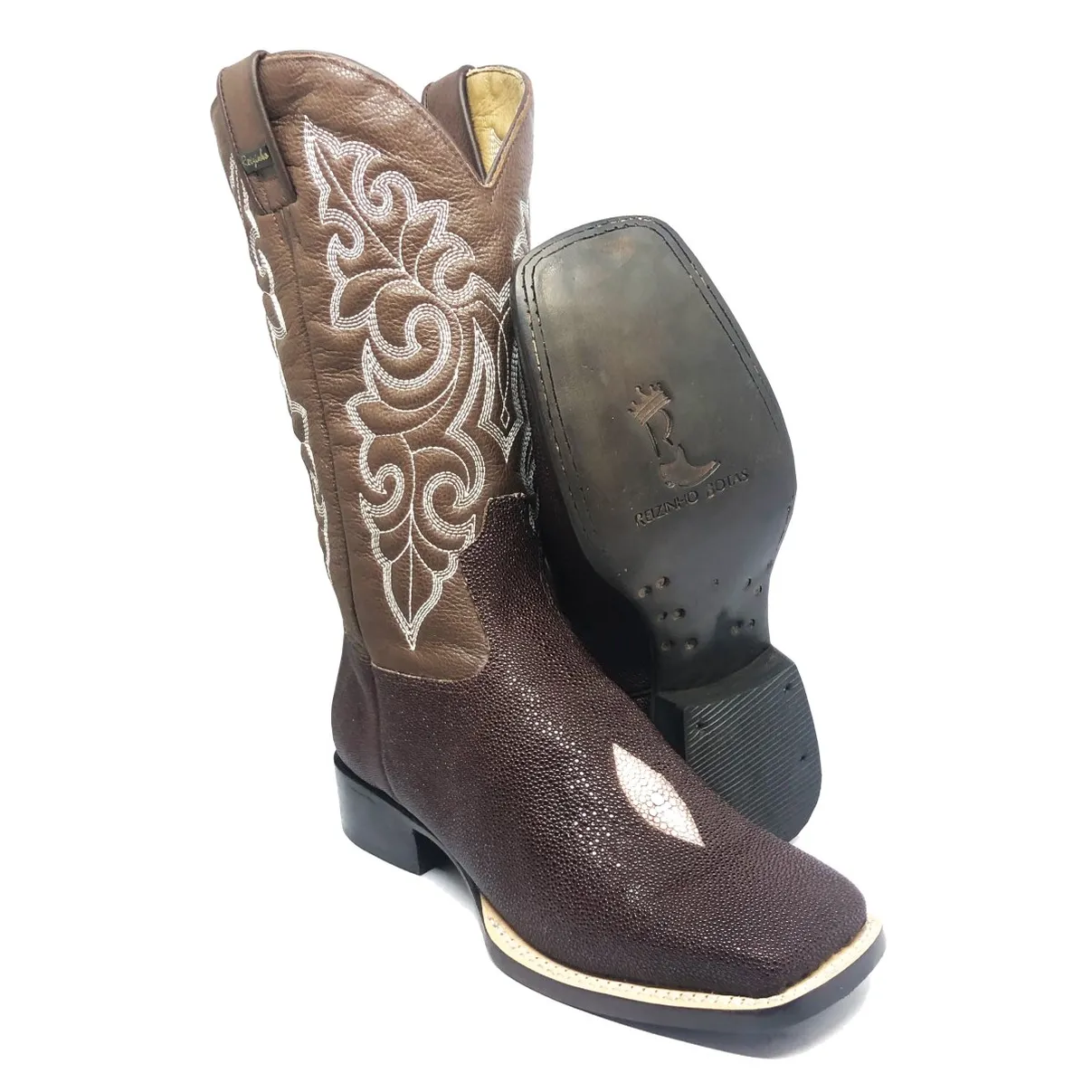 Bota Reizinho Premium Couro De Arraia Café Limited Edition - Cano Alto, Bico Quadrado, Solado Couro Artesanal