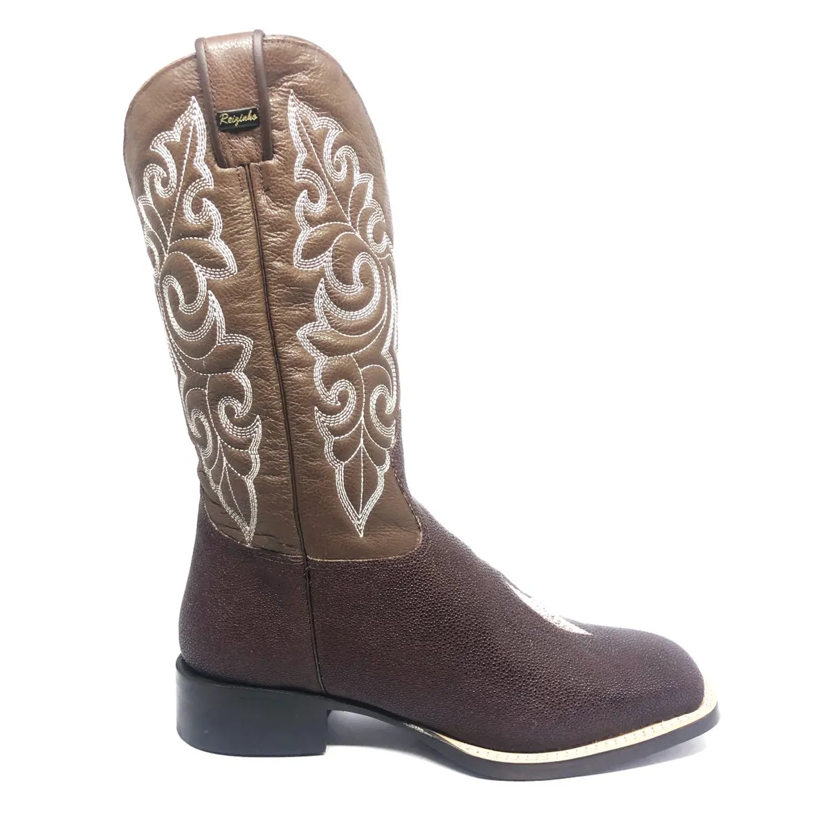 Bota Reizinho Premium Couro De Arraia Café Limited Edition - Cano Alto, Bico Quadrado, Solado Couro Artesanal