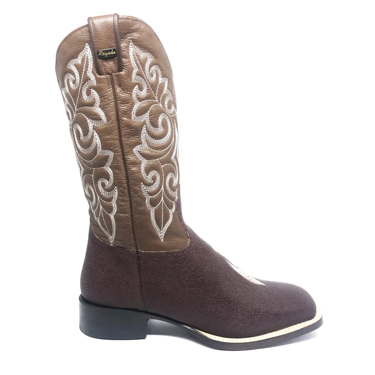 Bota Reizinho Premium Couro De Arraia Café Limited Edition - Cano Alto, Bico Quadrado, Solado Couro Artesanal