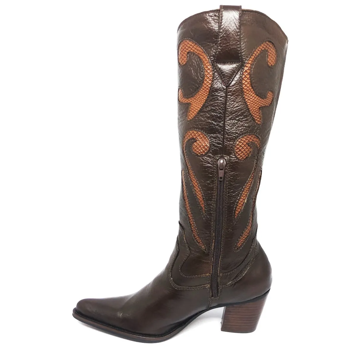 Bota Feminina De Couro Bovino Marrom - Cano Alto, Bico Fino