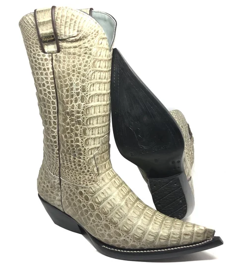 Bota Reizinho Premium Couro De Jacaré Ice Storm Limited Edition - Cano Alto, Bico Fino, Solado De Couro Artesanal