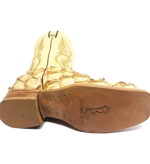 Bota Reizinho Premium Couro De Pirarucu Dry Cream Limited Edition - Cano Alto, Bico Quadrado Solado Couro Artesanal
