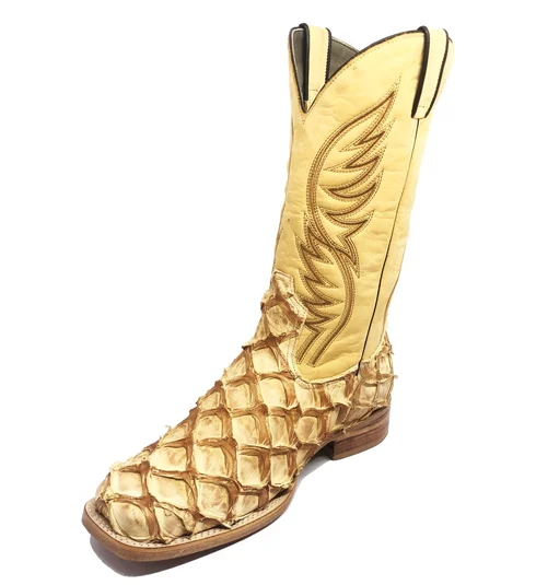 Bota Reizinho Premium Couro De Pirarucu Dry Cream Limited Edition - Cano Alto, Bico Quadrado Solado Couro Artesanal