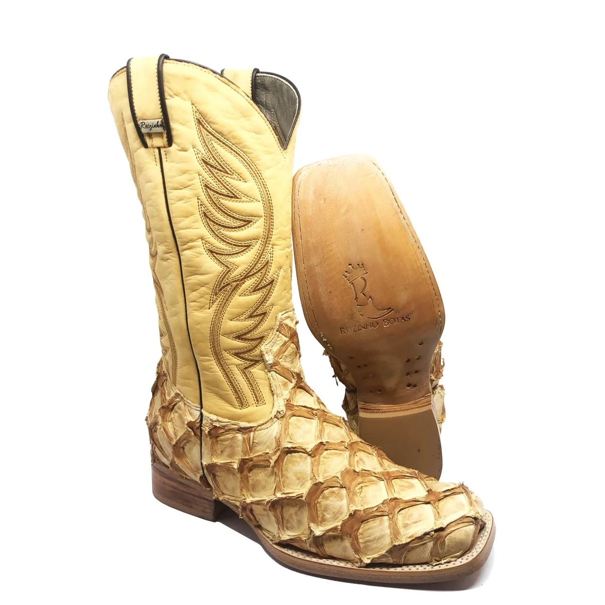 Bota Reizinho Premium Couro De Pirarucu Dry Cream Limited Edition - Cano Alto, Bico Quadrado Solado Couro Artesanal