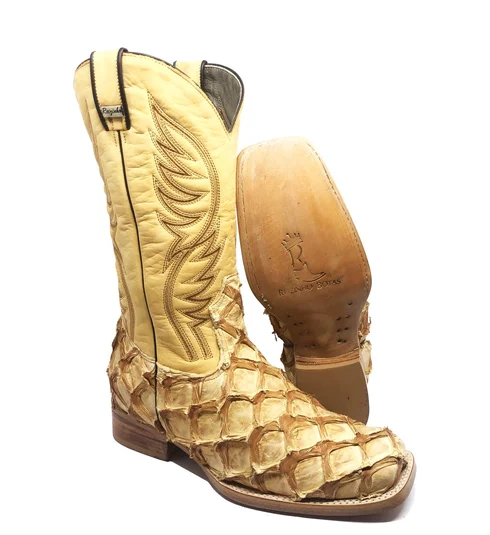 Bota Reizinho Premium Couro De Pirarucu Dry Cream Limited Edition - Cano Alto, Bico Quadrado Solado Couro Artesanal