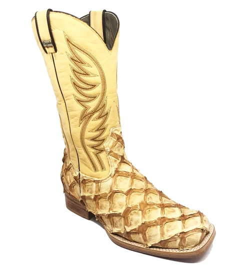 Bota Reizinho Premium Couro De Pirarucu Dry Cream Limited Edition - Cano Alto, Bico Quadrado Solado Couro Artesanal