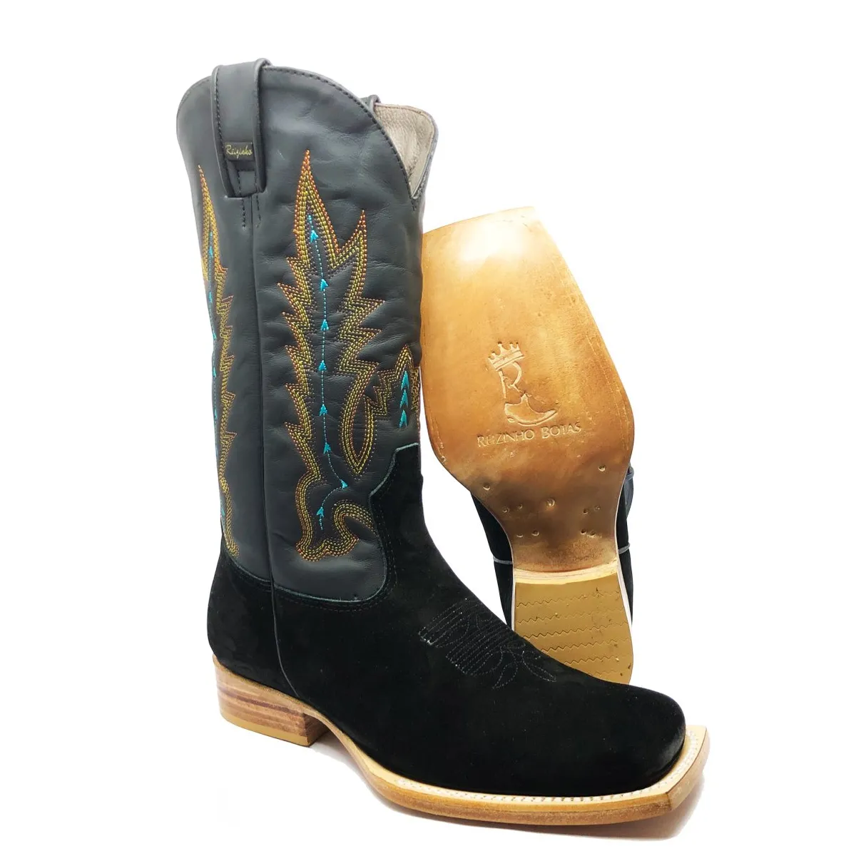 Bota Reizinho Premium Couro Bovino Bufalada Preta Limited Edition - Cano Alto, Bico Quadrado, Solado De Couro Artesanal