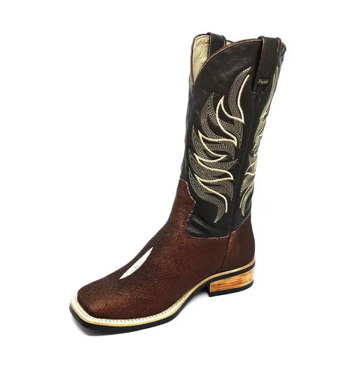 Bota de Couro de Arraia Evok - Cano Alto, Bico Quadrado, SOLADO X-FLEX ARTESANAL