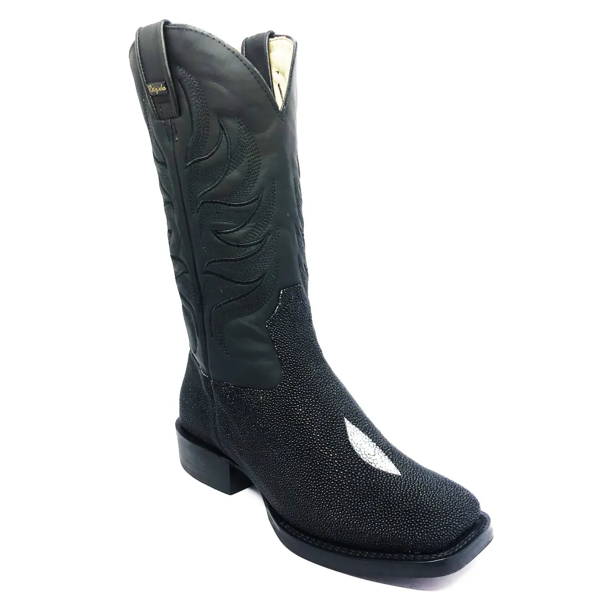 Bota de Couro de Arraia Preta - Cano Alto, Bico Quadrado, Solado S-Flex Artesanal