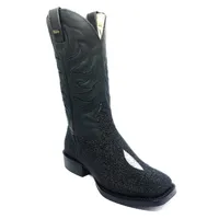 Bota de Couro de Arraia Preta - Cano Alto, Bico Quadrado, Solado S-Flex Artesanal - imagem 1