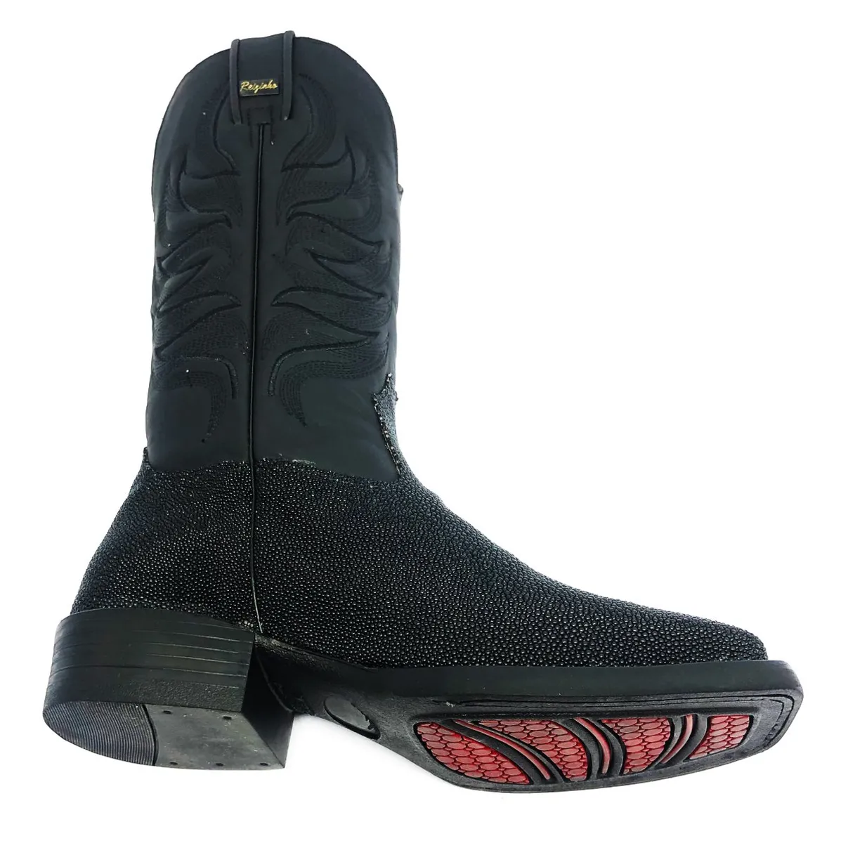 Bota de Couro de Arraia Preta - Cano Alto, Bico Quadrado, Solado S-Flex Artesanal
