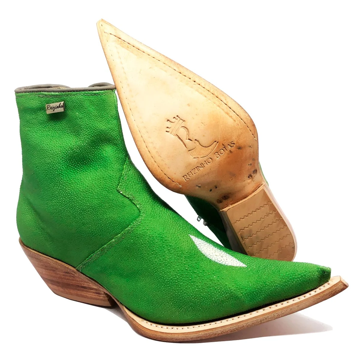 Bota Reizinho Premium Couro De Arraia Green Limited Edition - Cano Curto, Bico Fino, Solado De Couro Artesanal
