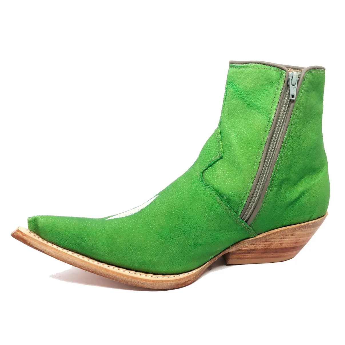 Bota Reizinho Premium Couro De Arraia Green Limited Edition - Cano Curto, Bico Fino, Solado De Couro Artesanal