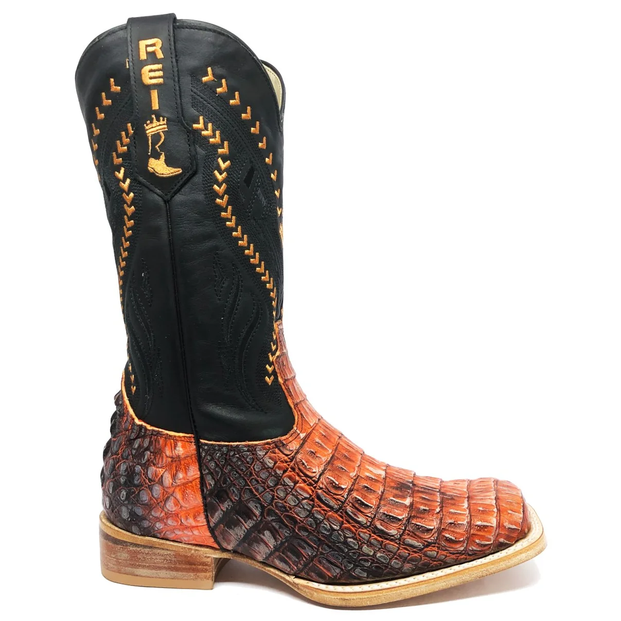 Bota Reizinho Premium Couro De Jacaré Darkness Orange Limited Edition - Cano Alto, Bico Quadrado, Solado Couro Artesanal
