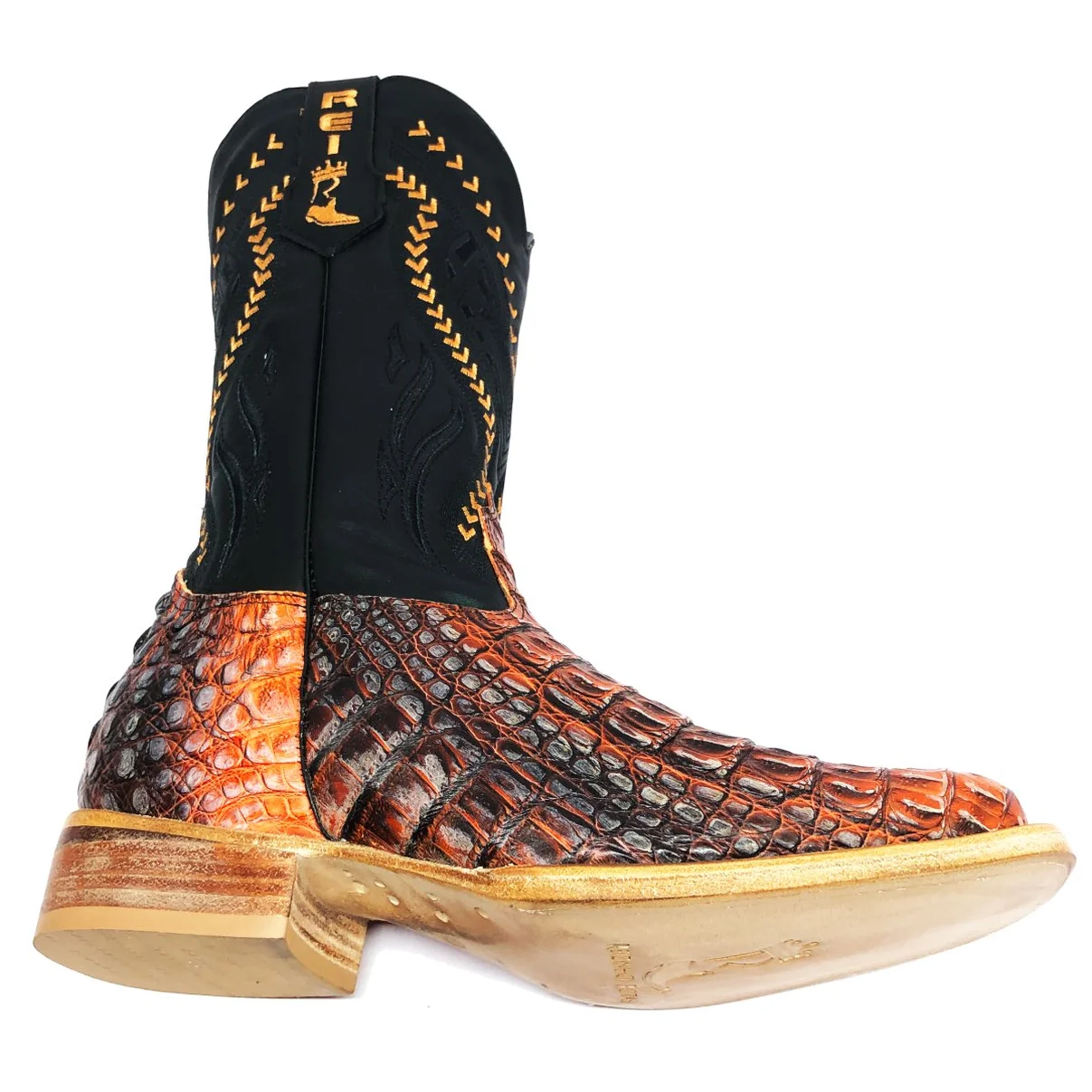 Bota Reizinho Premium Couro De Jacaré Darkness Orange Limited Edition - Cano Alto, Bico Quadrado, Solado Couro Artesanal