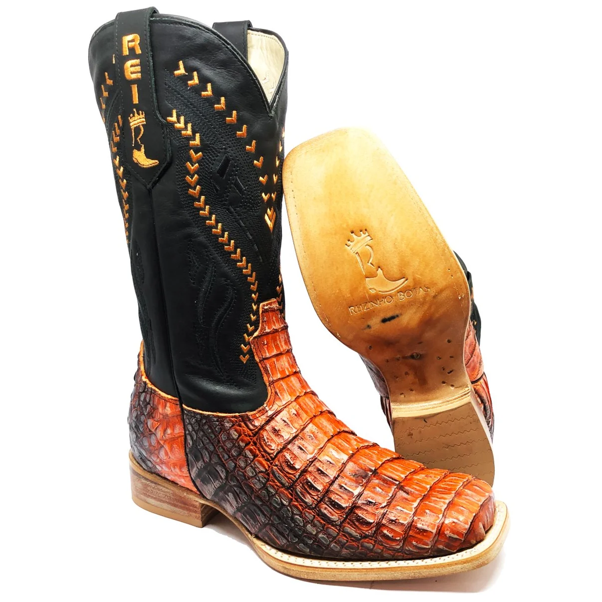 Bota Reizinho Premium Couro De Jacaré Darkness Orange Limited Edition - Cano Alto, Bico Quadrado, Solado Couro Artesanal