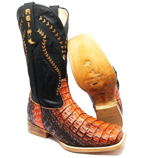 Bota Reizinho Premium Couro De Jacaré Darkness Orange Limited Edition - Cano Alto, Bico Quadrado, Solado Couro Artesanal