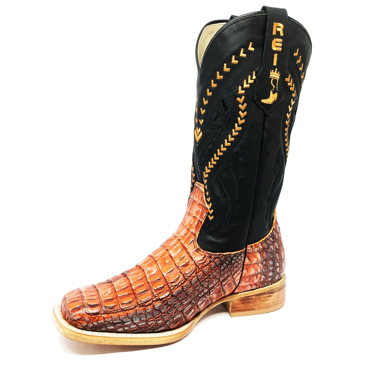 Bota Reizinho Premium Couro De Jacaré Darkness Orange Limited Edition - Cano Alto, Bico Quadrado, Solado Couro Artesanal