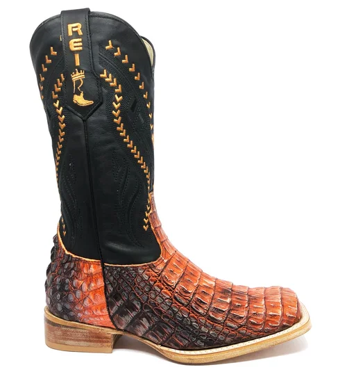 Bota Reizinho Premium Couro De Jacaré Darkness Orange Limited Edition - Cano Alto, Bico Quadrado, Solado Couro Artesanal