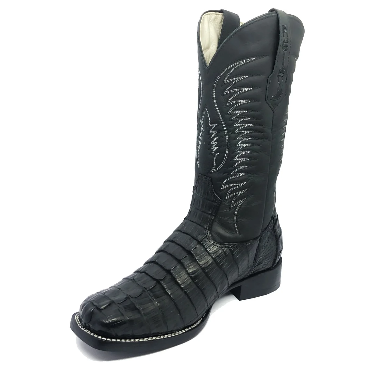 Bota Reizinho Premium Couro De Jacaré Preto Rabo Limited Edition - Cano Alto, Bico Quadrado, Solado Couro Artesanal