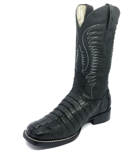 Bota Reizinho Premium Couro De Jacaré Preto Rabo Limited Edition - Cano Alto, Bico Quadrado, Solado Couro Artesanal