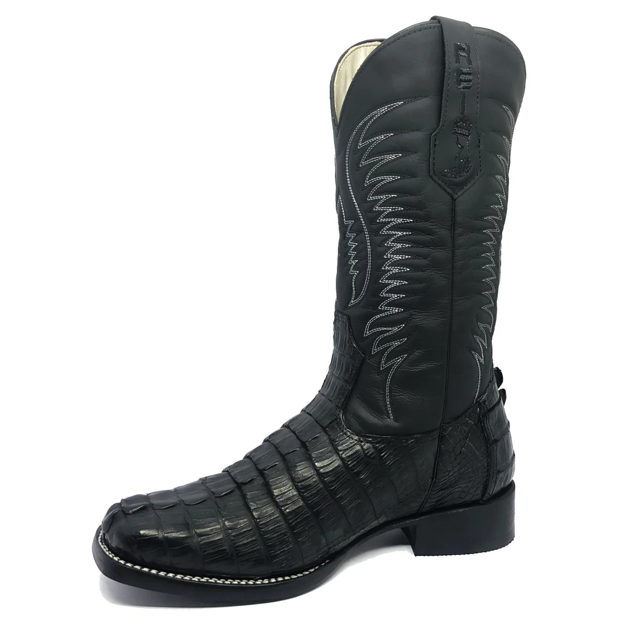 Bota Reizinho Premium Couro De Jacaré Preto Rabo Limited Edition - Cano Alto, Bico Quadrado, Solado Couro Artesanal