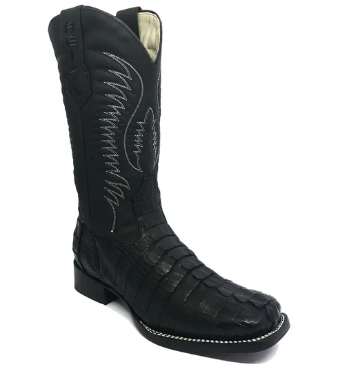 Bota Reizinho Premium Couro De Jacaré Preto Rabo Limited Edition - Cano Alto, Bico Quadrado, Solado Couro Artesanal