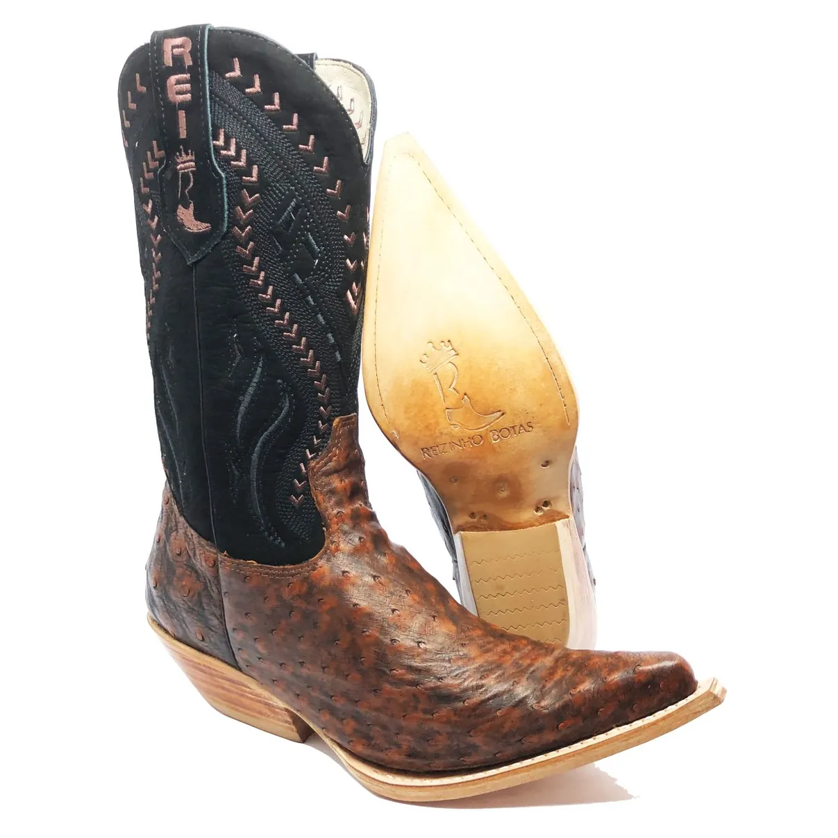 Bota Reizinho Premium Couro De Avestruz Cheio Bloodwine Limited Edition - Cano Alto, Bico Fino, Solado Couro Artesanal