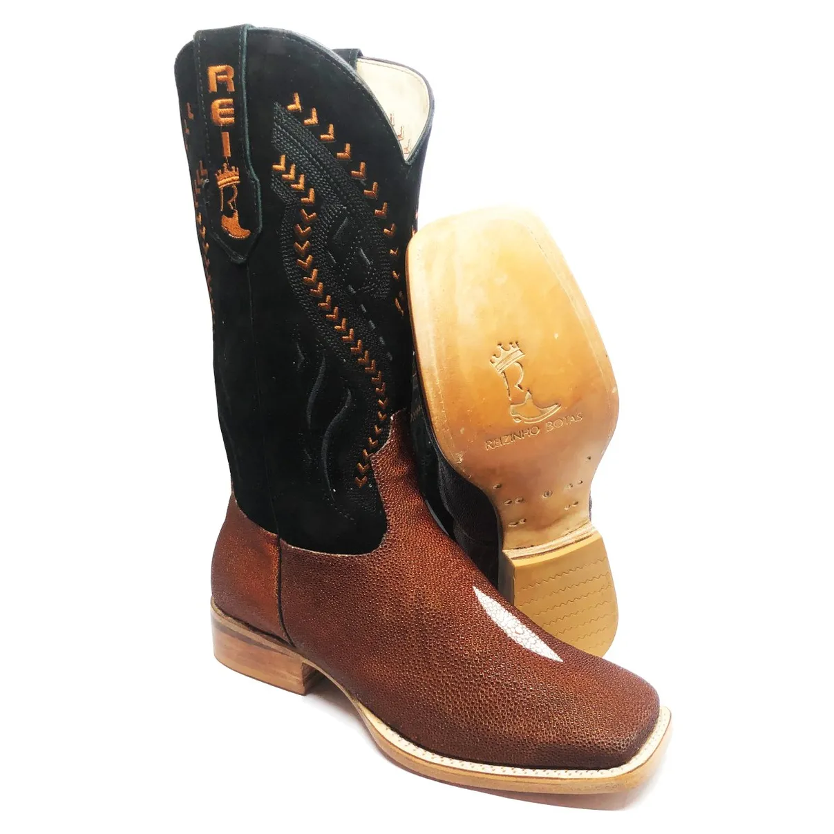 Bota Reizinho Premium Couro De Arraia Evok Limited Edition - Cano Alto, Bico Quadrado, Solado De Couro Artesanal