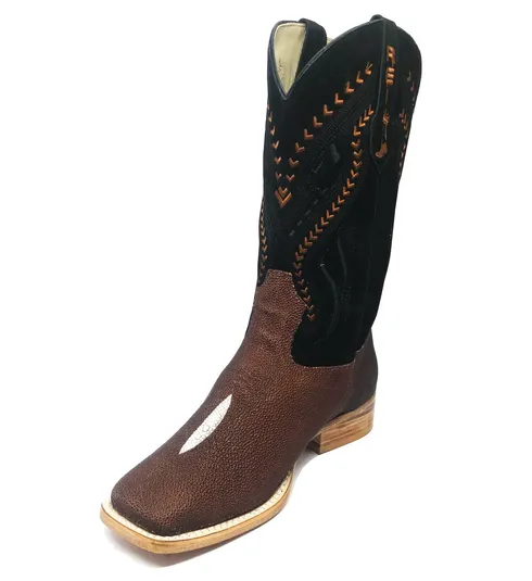 Bota Reizinho Premium Couro De Arraia Evok Limited Edition - Cano Alto, Bico Quadrado, Solado De Couro Artesanal