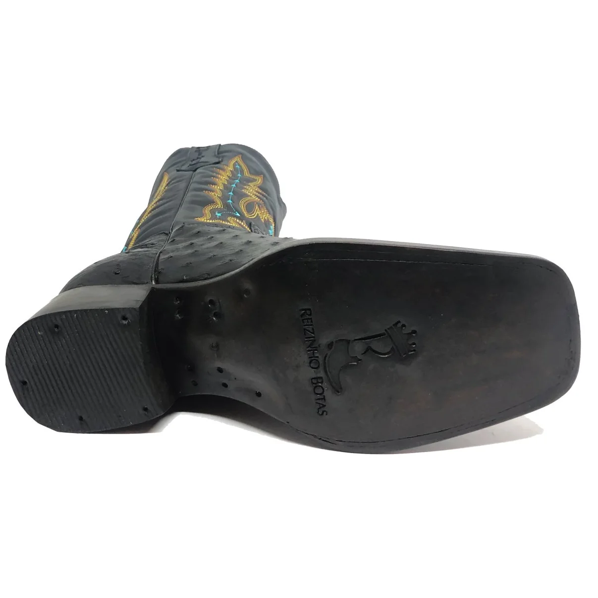 Bota Reizinho Premium Couro De Avestruz Cheio Preto Limited Edition - Cano Alto, Bico Quadrado, Solado Couro Artesanal