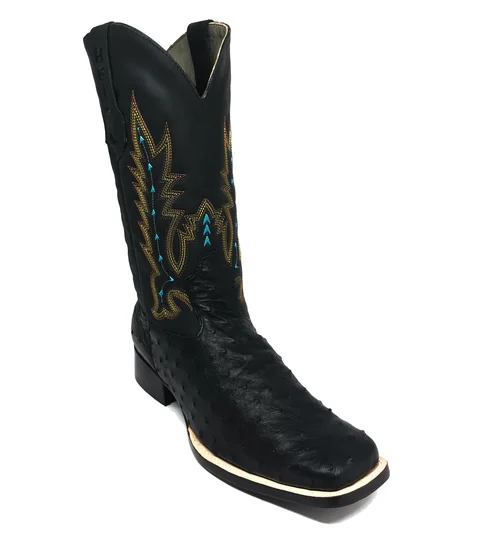 Bota Reizinho Premium Couro De Avestruz Cheio Preto Limited Edition - Cano Alto, Bico Quadrado, Solado Couro Artesanal