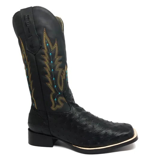Bota Reizinho Premium Couro De Avestruz Cheio Preto Limited Edition - Cano Alto, Bico Quadrado, Solado Couro Artesanal