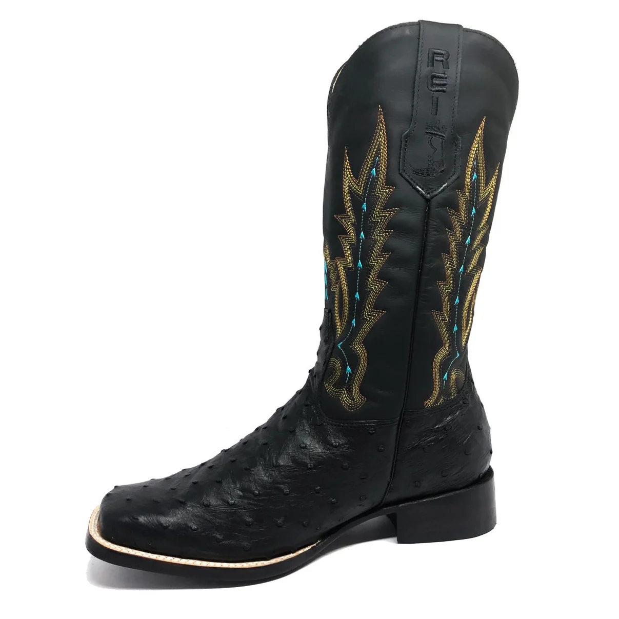 Bota Reizinho Premium Couro De Avestruz Cheio Preto Limited Edition - Cano Alto, Bico Quadrado, Solado Couro Artesanal