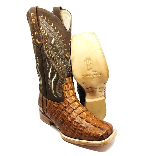 Bota Reizinho Premium Couro De Jacaré Havana Rabo Limited Edition - Cano Alto, Bico Quadrado, Solado De Couro Artesanal