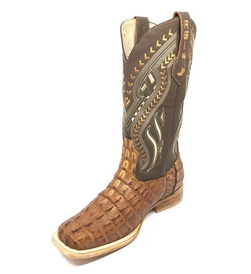 Bota Reizinho Premium Couro De Jacaré Havana Rabo Limited Edition - Cano Alto, Bico Quadrado, Solado De Couro Artesanal