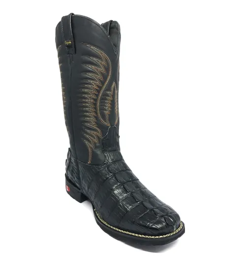 Bota de Couro de Jacaré Preto Rabo - Cano Alto, Bico Quadrado, Solado Flex Comfort
