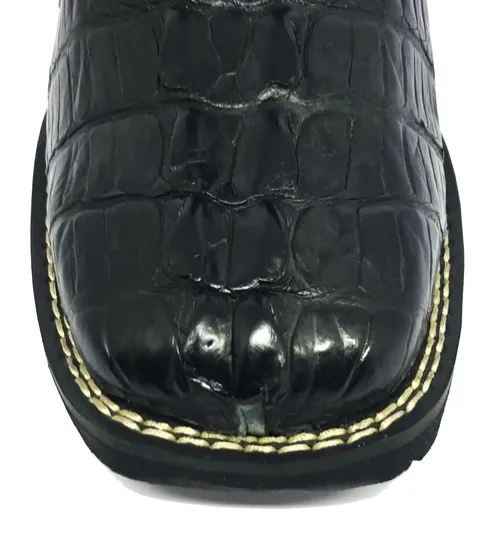 Bota de Couro de Jacaré Preto Rabo - Cano Alto, Bico Quadrado, Solado Flex Comfort