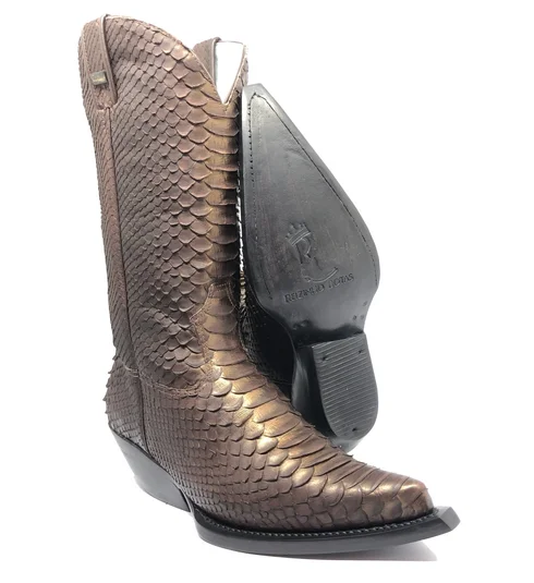 Bota Reizinho Premium Couro De Python Golden Brown Limited Edition - Cano Alto, Bico Fino, Solado De Couro Artesanal