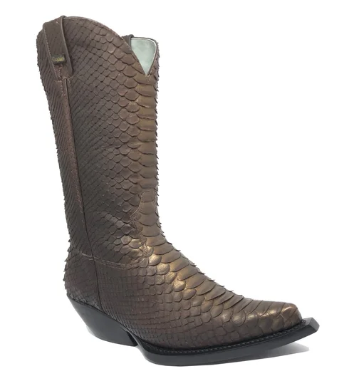 Bota Reizinho Premium Couro De Python Golden Brown Limited Edition - Cano Alto, Bico Fino, Solado De Couro Artesanal