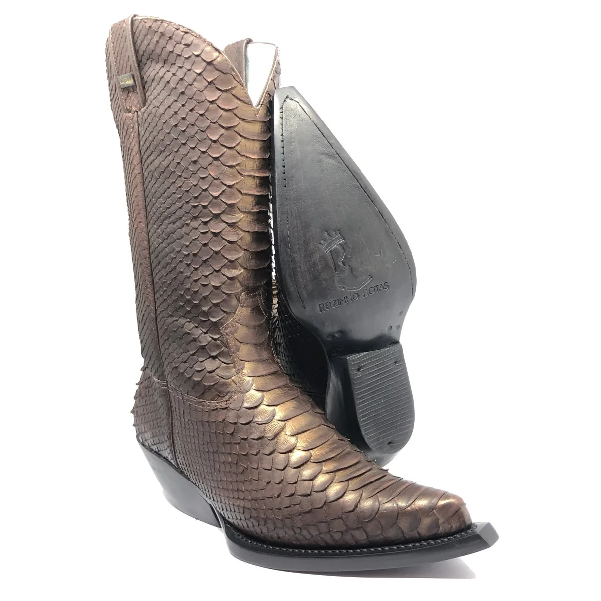 Bota Reizinho Premium Couro De Python Golden Brown Limited Edition - Cano Alto, Bico Fino, Solado De Couro Artesanal