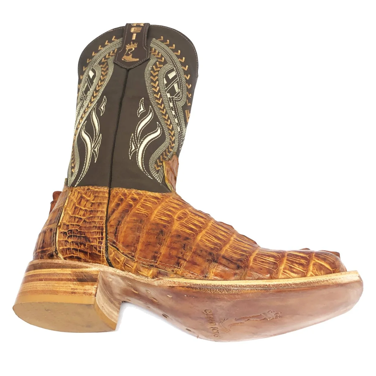 Bota Reizinho Premium Couro De Jacaré Havana Rabo Limited Edition - Cano Alto, Bico Quadrado, Solado De Couro Artesanal