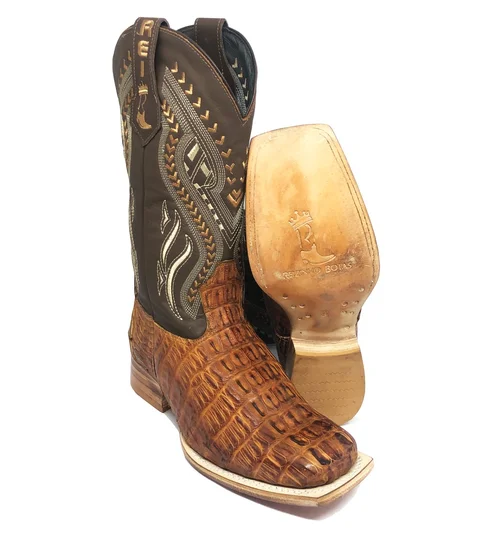 Bota Reizinho Premium Couro De Jacaré Havana Rabo Limited Edition - Cano Alto, Bico Quadrado, Solado De Couro Artesanal