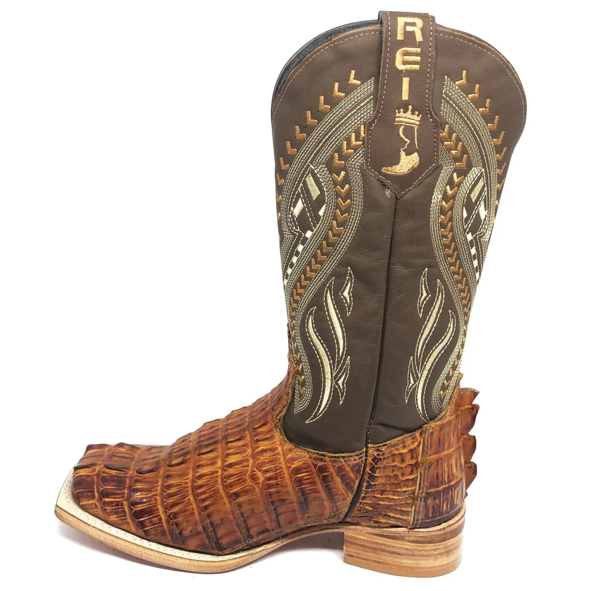 Bota Reizinho Premium Couro De Jacaré Havana Rabo Limited Edition - Cano Alto, Bico Quadrado, Solado De Couro Artesanal