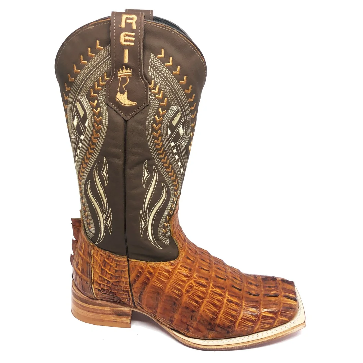 Bota Reizinho Premium Couro De Jacaré Havana Rabo Limited Edition - Cano Alto, Bico Quadrado, Solado De Couro Artesanal