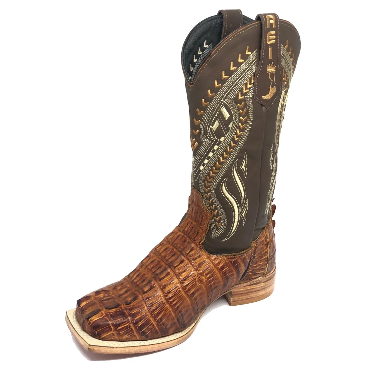 Bota Reizinho Premium Couro De Jacaré Havana Rabo Limited Edition - Cano Alto, Bico Quadrado, Solado De Couro Artesanal