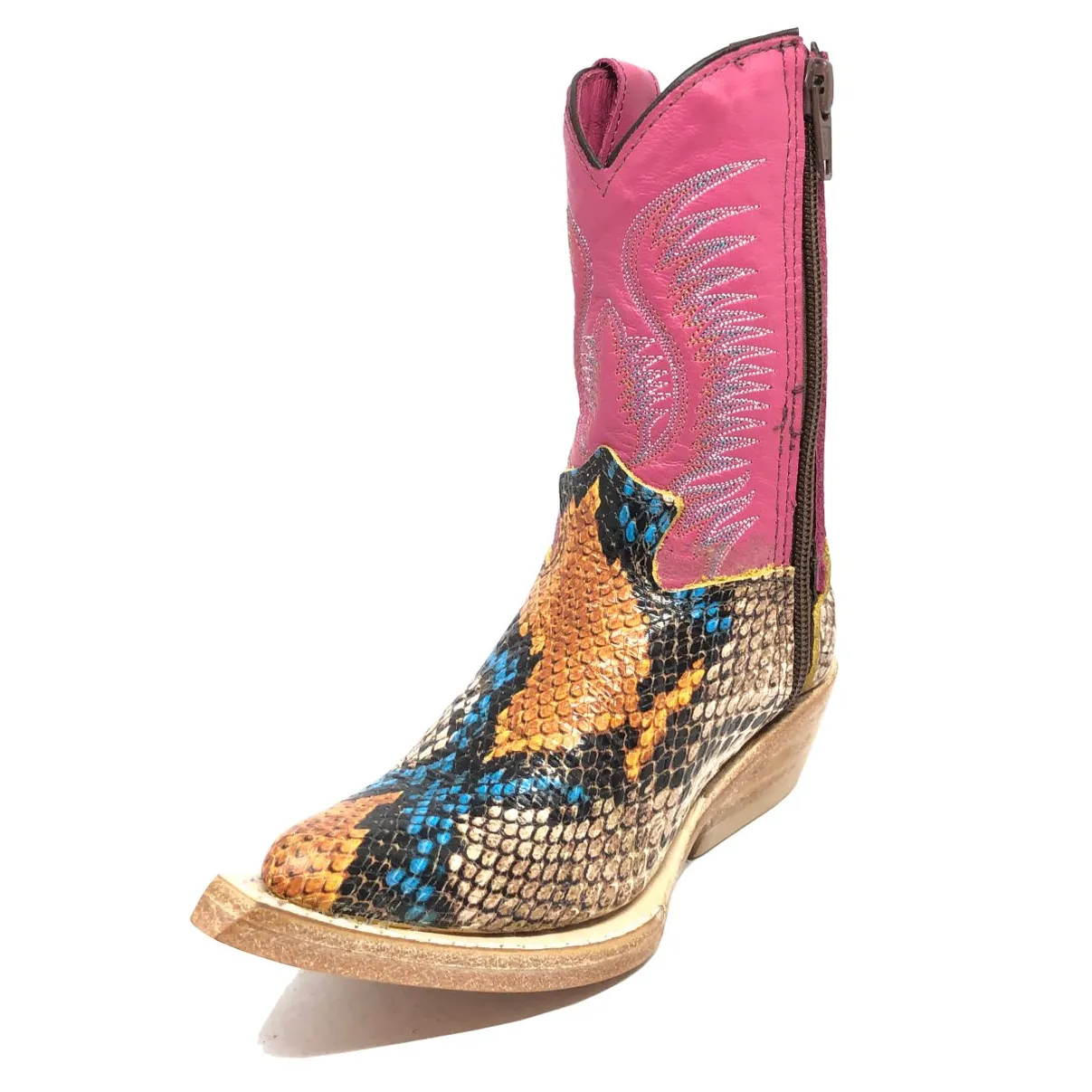 Bota Infantil De Couro Bovino Imitação de Cobra Coral Blue Orange - Cano Alto, Bico Fino, Solado de Couro Artesanal