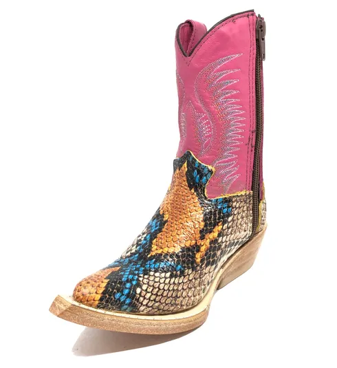 Bota Infantil De Couro Bovino Imitação de Cobra Coral Blue Orange - Cano Alto, Bico Fino, Solado de Couro Artesanal