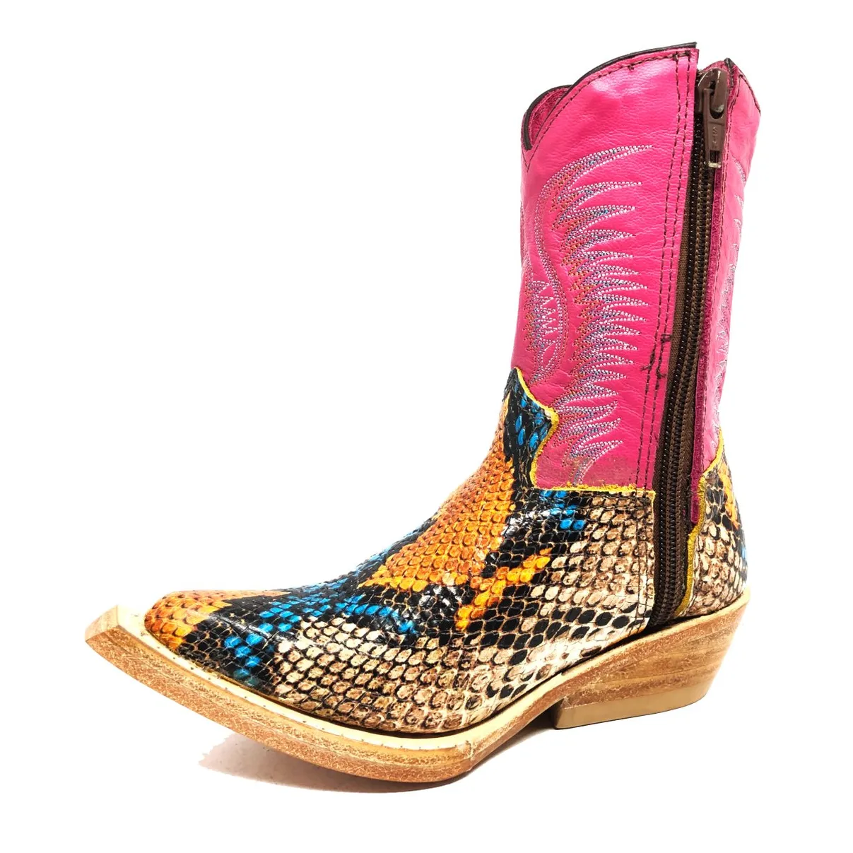 Bota Infantil De Couro Bovino Imitação de Cobra Coral Blue Orange - Cano Alto, Bico Fino, Solado de Couro Artesanal