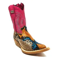Bota Infantil De Couro Bovino Imitação de Cobra Coral Blue Orange - Cano Alto, Bico Fino, Solado de Couro Artesanal - imagem 5